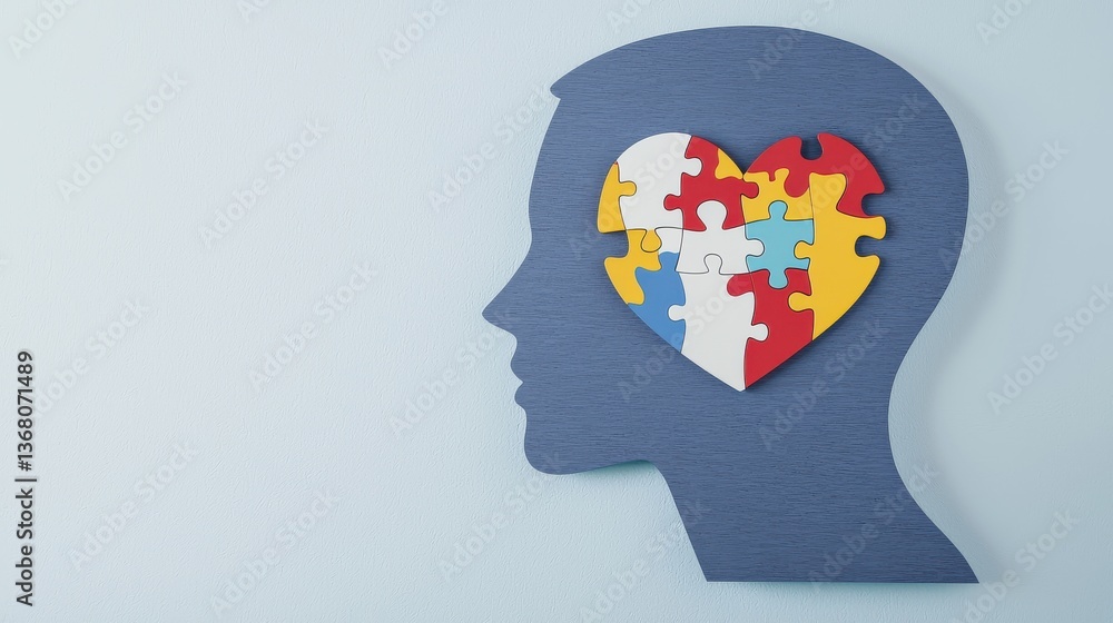 Poster colorful puzzle pieces arranged in the shape of a human head or brain symbolizing the creative and p