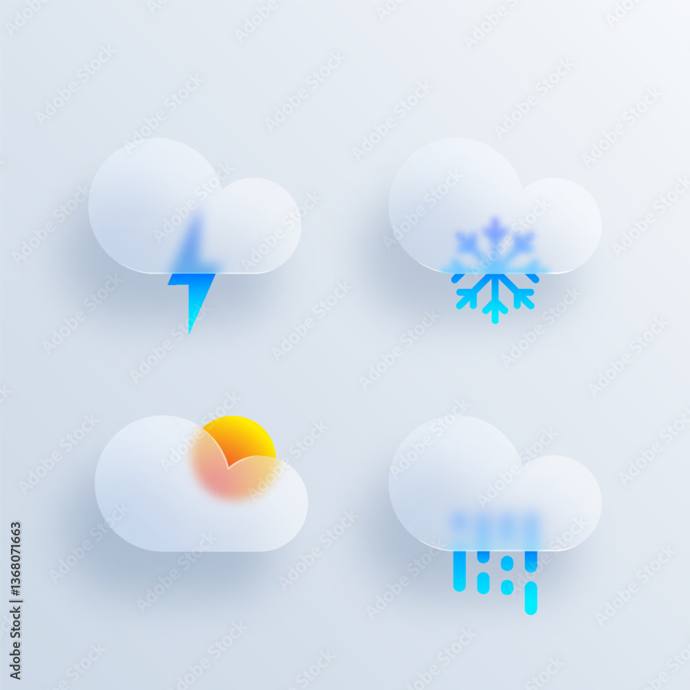 Poster weather forecast icon set with glassmorphic effect. 3d glassmorphism meteorology elements sign colle