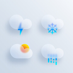 Weather forecast icon set with glassmorphic effect. 3d glassmorphism meteorology elements sign collection. Cloudy, rain, thunderstorm, snow signs. Template design for web or mobile app, ui, ux. Vector