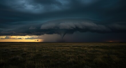 Dramatic tornado forming over a vast landscape during a stormy sunset, showcasing nature's power