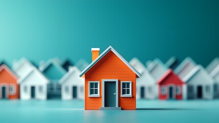 Vibrant residential neighborhood with an assemblage of simple white houses one eye catching orange house at the focal point