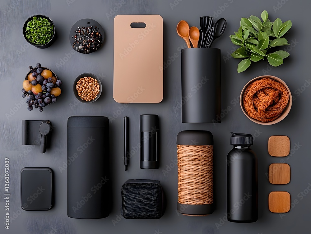 Poster visually appealing and functional flat lay arrangement of a range of storage containers including ca