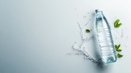 A clear plastic water bottle surrounded by dynamic splashes of water, highlighting freshness and hydration, perfect for ads or promotions related to beverages or health.