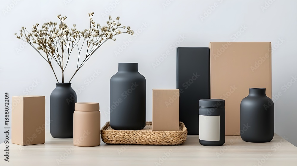 Poster visually appealing assortment of various storage containers boxes and trays arranged on a minimalist