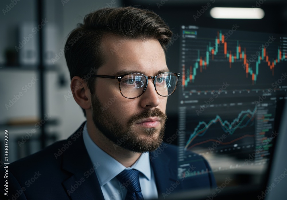 Poster man with glasses analyzing stock market charts on a computer screen with a serious expression on his