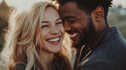 Fototapeta premium Smiling interracial couple, close up portrait. Love, happiness, and relationships.