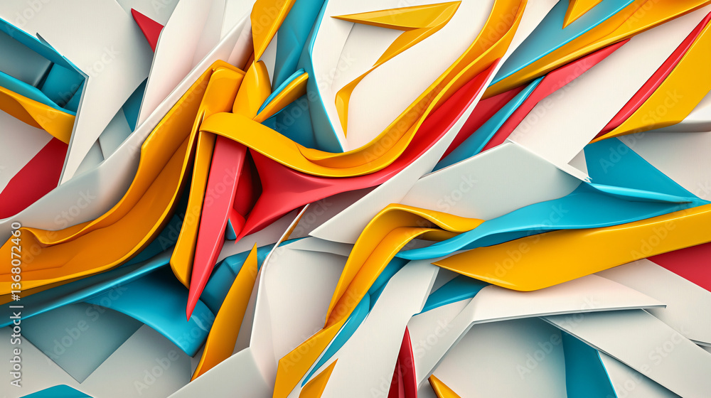 Poster colorful collection of paper featuring a fragmented composition of angular shapes layered with brigh