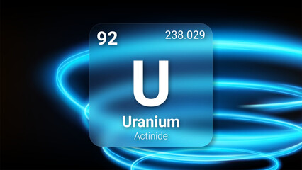 Uranium (U) (092) Actinide, Glass Morphism Element Futuristic Neon Light Glow Background Periodic Table, Chemical Symbol, Name, Atomic Mass, Atomic Number, Vector Illustration