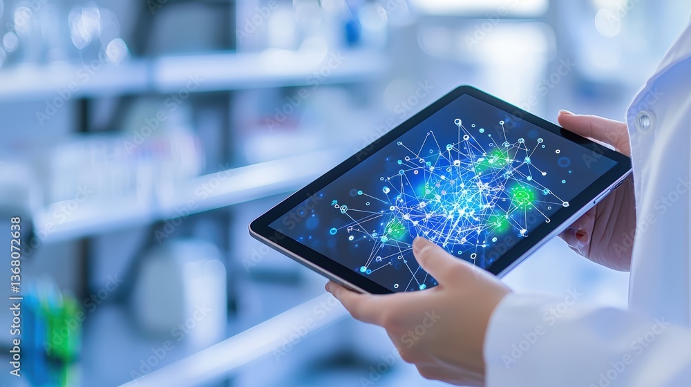 Poster a person in a lab coat holds a tablet displaying a network of connected data points, suggesting adva
