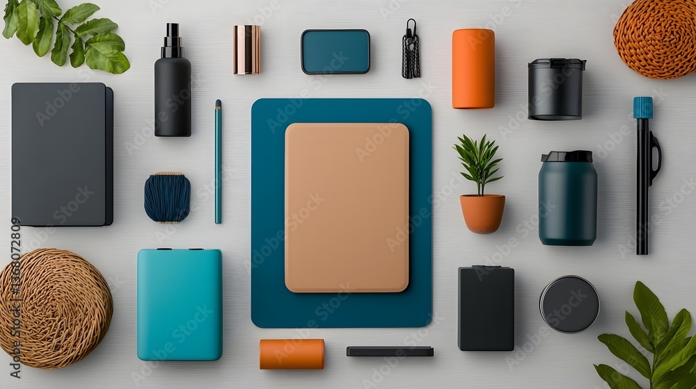 Poster carefully arranged flatlay of diverse storage containers and organizational pieces in different text