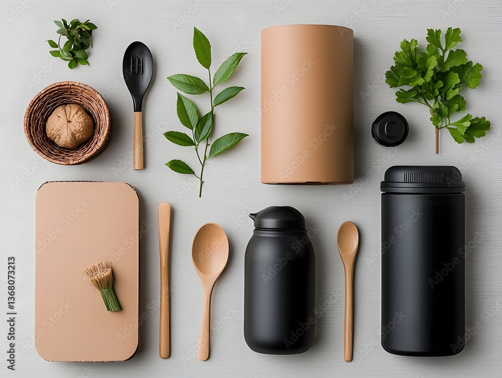 Poster visually appealing flat lay showcasing an organized arrangement of practical storage containers in c