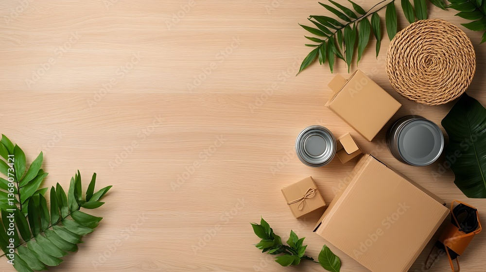Poster visually appealing minimalist flat lay arrangement of assorted cardboard boxes wicker baskets and me