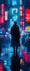 Fototapeta premium Lone figure in rainy neon cityscape