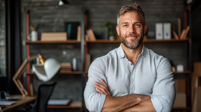 A confident man stands in a modern office setting, arms crossed, presenting a professional yet approachable demeanor, symbolizing leadership and creativity in the workplace.