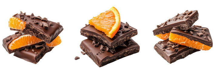 Delicious dark chocolate squares drizzled with fine chocolate and sprinkled with fresh orange slices. Gourmet combination of citrus and chocolate, for food marketing, recipe blogs.