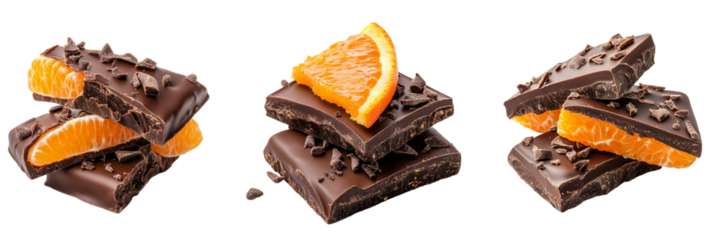 Delicious dark chocolate squares drizzled with fine chocolate and sprinkled with fresh orange slices. Gourmet combination of citrus and chocolate, for food marketing, recipe blogs.