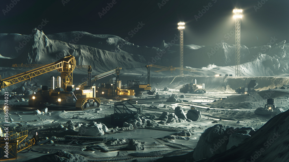 Poster this advanced machinery operates in a dimly lit asteroid environment, focusing on regolith extractio