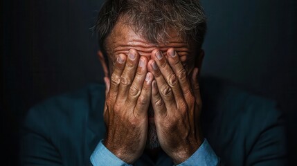 A man in a suit with hands on his face expresses frustration and sadness, set against a moody background, eliciting feelings of distress and deep contemplation.