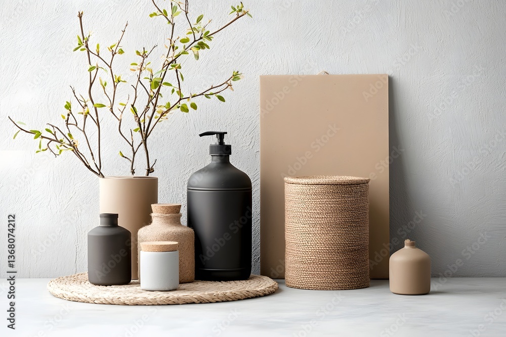 Poster visually striking home organization vignette featuring an assortment of storage containers in a flat