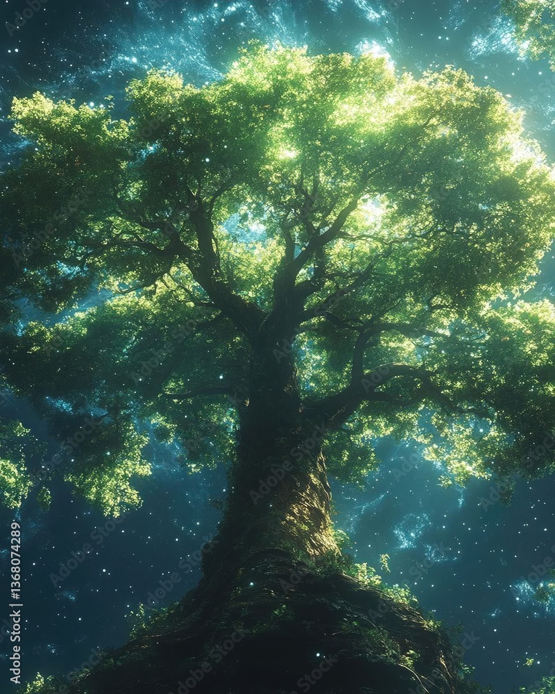 Poster majestic tree towering in a mystical forest with glowing light and floating particles around
