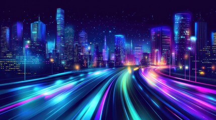 Fototapeta premium Futuristic city at night with vibrant, colorful motion blur on highway.