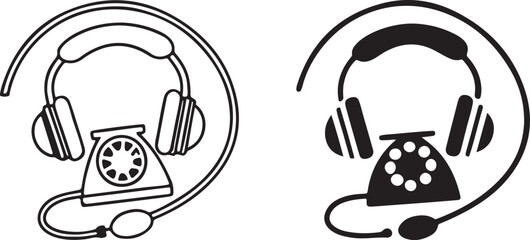 Headphones icon design with a white background showing a stereo headset, audio equipment, and music symbol
