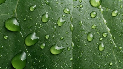 This image captures beautiful raindrops resting on vibrant green leaves, showcasing the serenity and freshness of nature in a close-up, detailed view of the foliage.