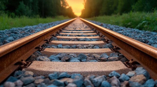 A detailed close-up of railroad tracks surrounded by stones, showcasing the texture of the rocks and iron, evoking a sense of stability and the journey of life.
