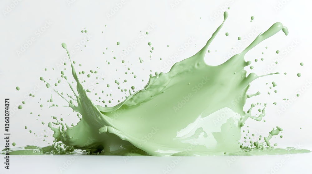 Poster a large splash of green paint with droplets flying across a white background, representing burst of 