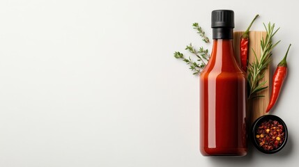 This stylish chili sauce bottle is presented alongside aromatic seasoning herbs and dried chili flakes, creating an inviting visual representation of culinary creativity.