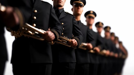 Fototapeta premium Disciplined musical ensemble in dark uniform with brass instruments together