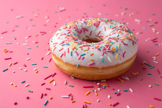 sprinkled donut on pink background