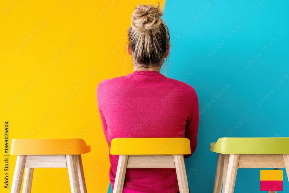 Poster Vibrant Minimalist Workspace Design Creative Color-Block Seating Arrangement Showcasing Modern Workplace Aesthetics and Innovative Ergonomic Trends for Gen Z Professionals