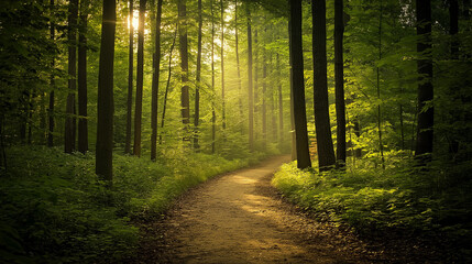 Peaceful Forest Path with Sunlight Filtering Through Trees