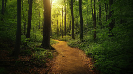 Peaceful Forest Path with Sunlight Filtering Through Trees