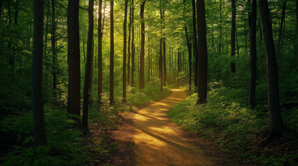 Fototapeta premium Peaceful Forest Path with Sunlight Filtering Through Trees