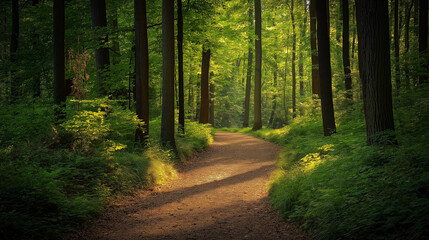 Peaceful Forest Path with Sunlight Filtering Through Trees