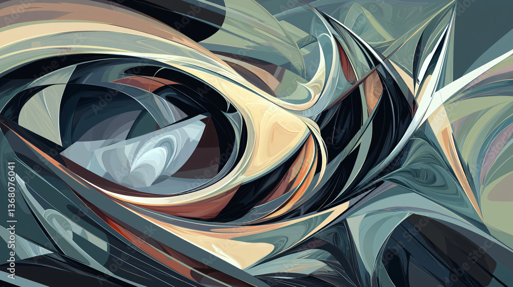 Poster a captivating spiral design rendered in a fragmented distorted shape with swirling abstract elements