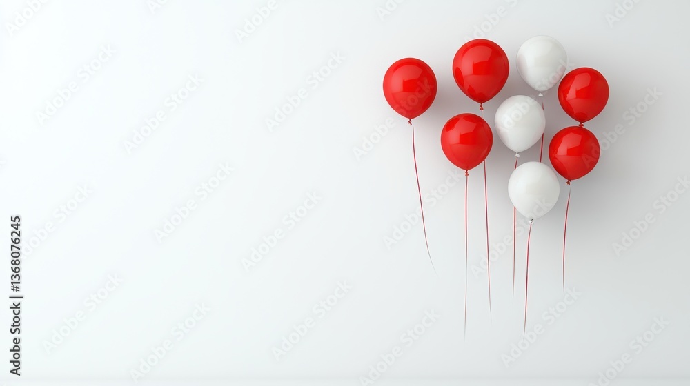 Poster cluster of vibrant red and pristine white balloons floating in a minimalist airy studio setting perf