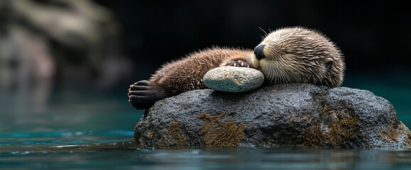 Sea Otter Napping on Rock, Calm Water Background