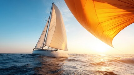Sailboats with billowing sails are capturing the golden sunset glow as they glide gracefully over the serene ocean waters, evoking feelings of freedom and adventure.