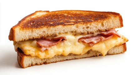 A close-up of a melted cheese sandwich layered with crispy bacon, showcasing a delicious fusion of flavors and textures that evokes warm memories of comfort food done right.