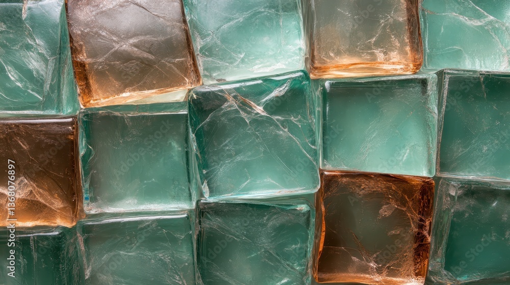 Poster a striking arrangement of textured glass blocks showcasing a blend of clear and tinted colors, creat