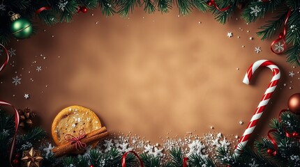 Christmas background with fir tree border, cookies, cinnamon and sugar cane and space for text in the middle