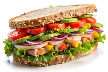 A fresh ham and cheese sandwich with vegetables on wheat bread