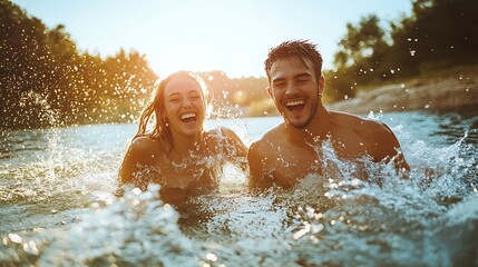 Happy couple splashing in a river at sunset.