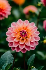 A floral paradise with blooming light pink dahlias in an eco-conscious farm, glowing under a evening sky.