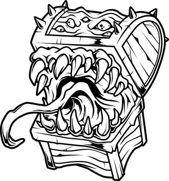Mimic-Kreatur in Form einer Truhe mit furchteinfl&ouml;&szlig;enden Z&auml;hnen, Augen und langer Zunge &ndash; klassisches Monster aus Fantasy- und Rollenspielwelten.
