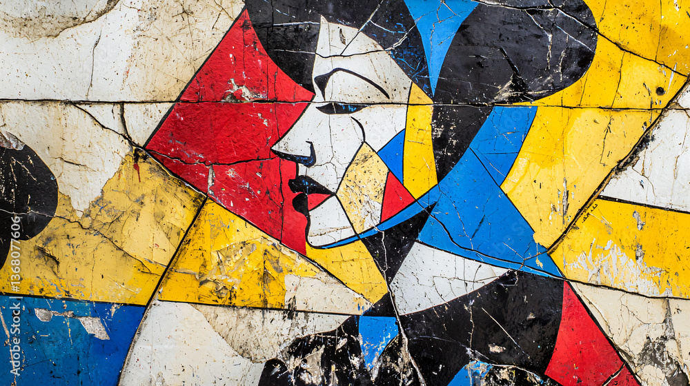 Poster fragmented artistic representation of a face on a wall created using cubist styles and angular shape