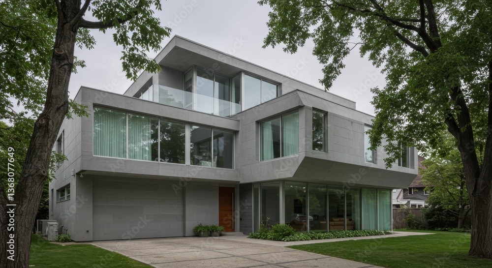 Poster a modern gray house with large windows is surrounded by trees and a driveway on a cloudy day outside